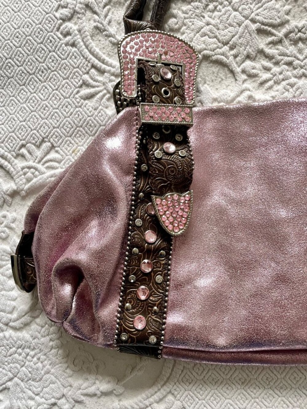 SOLD Vintage Y2K Charm + Luck Western San Antonio Leather Rhinestone Satchel Bag - Picture 4 of 16